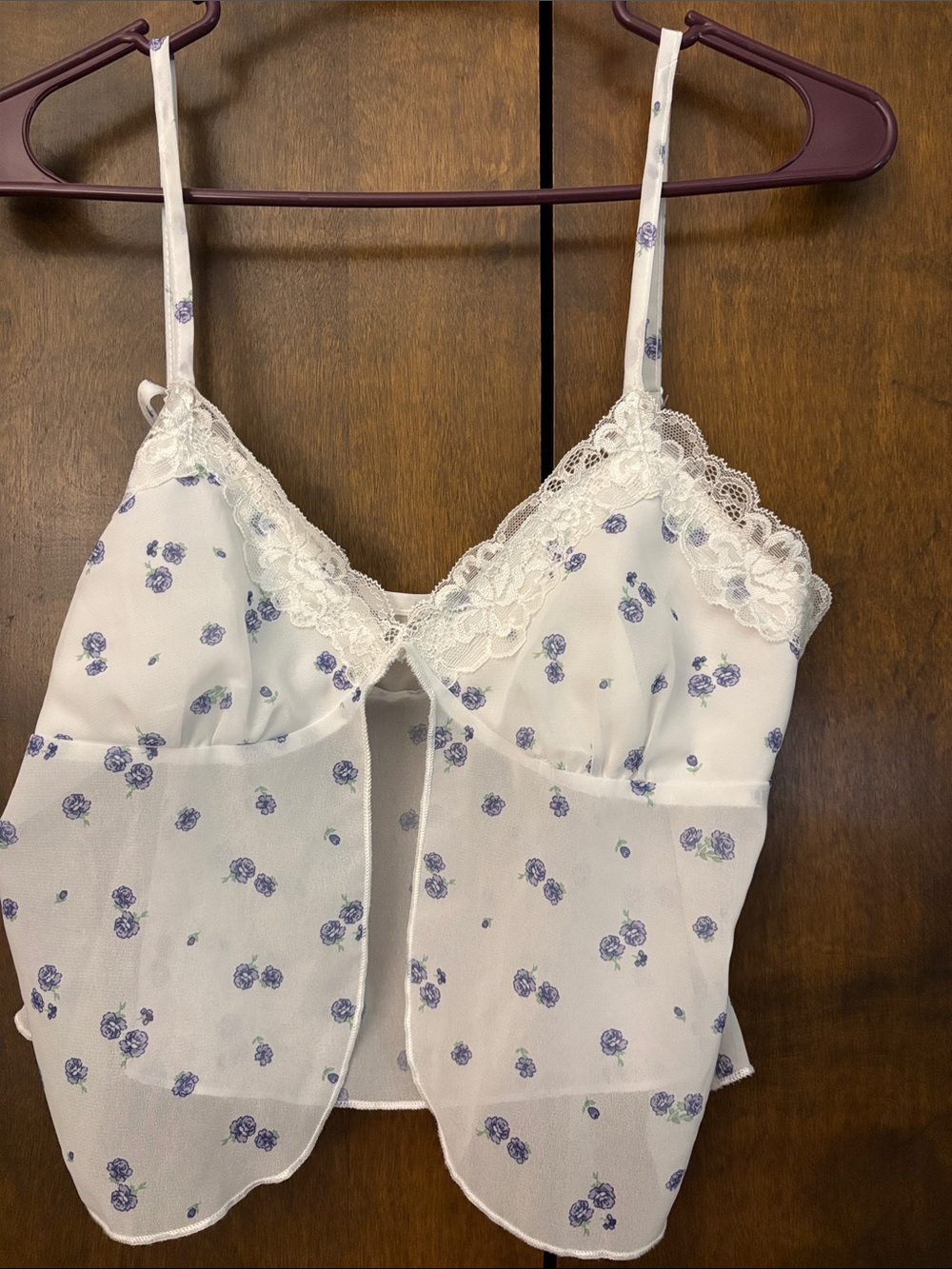 Floral Lace-Trim Sheer Camisole - White with Purple Flowers